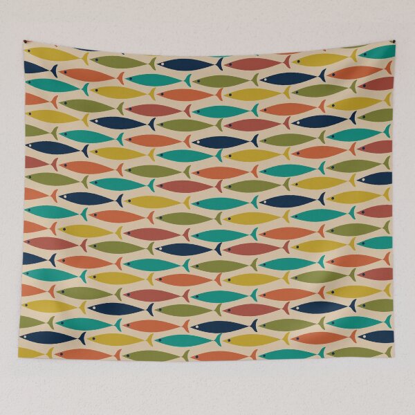 Item preview, Midcentury Modern Multicolored Fish Pattern in Mid Mod Turquoise Teal, Olive, Orange, Mustard, and Beige designed and sold by kierkegaard.