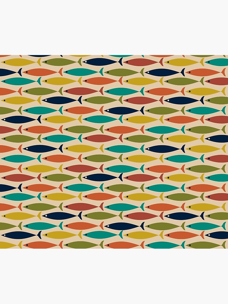 Midcentury Modern Multicolored Fish Pattern in Mid Mod Turquoise Teal, Olive, Orange, Mustard, and Beige by kierkegaard