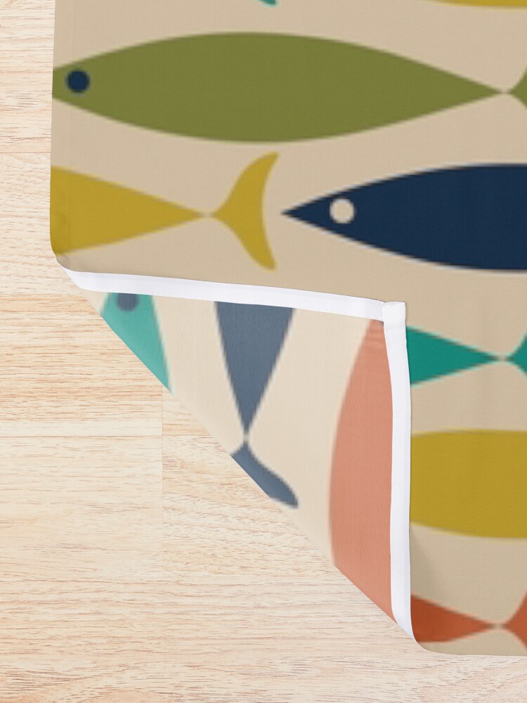 Alternate view of Midcentury Modern Multicolored Fish Pattern in Mid Mod Turquoise Teal, Olive, Orange, Mustard, and Beige Shower Curtain