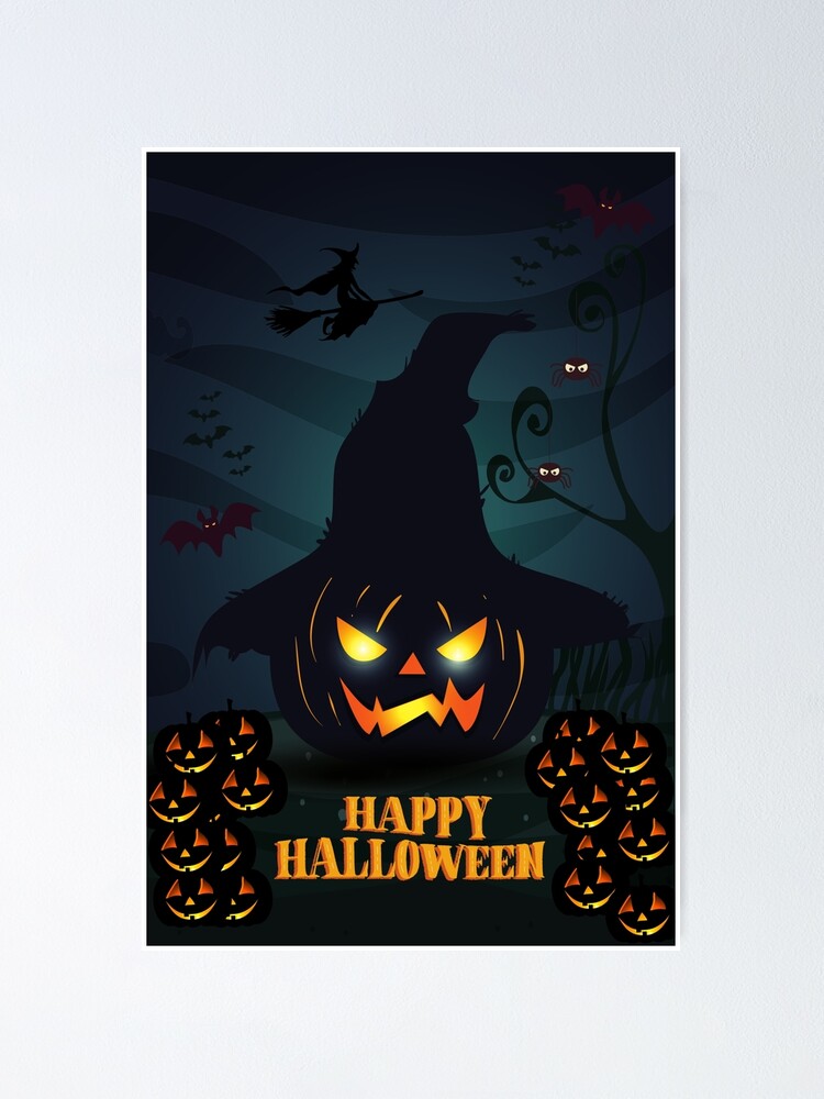 Póster «Feliz Halloween. Calabazas negras, ojos naranjas, fondo iluminado  por la luna, texto naranja» de JellyBeenzz | Redbubble
