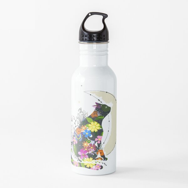 Black cat with flowers and Lotus Tattoo Water Bottle
