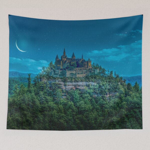 Item preview, Mysterious moonlight shines on magical castle in the forest designed and sold by Steven Kight.