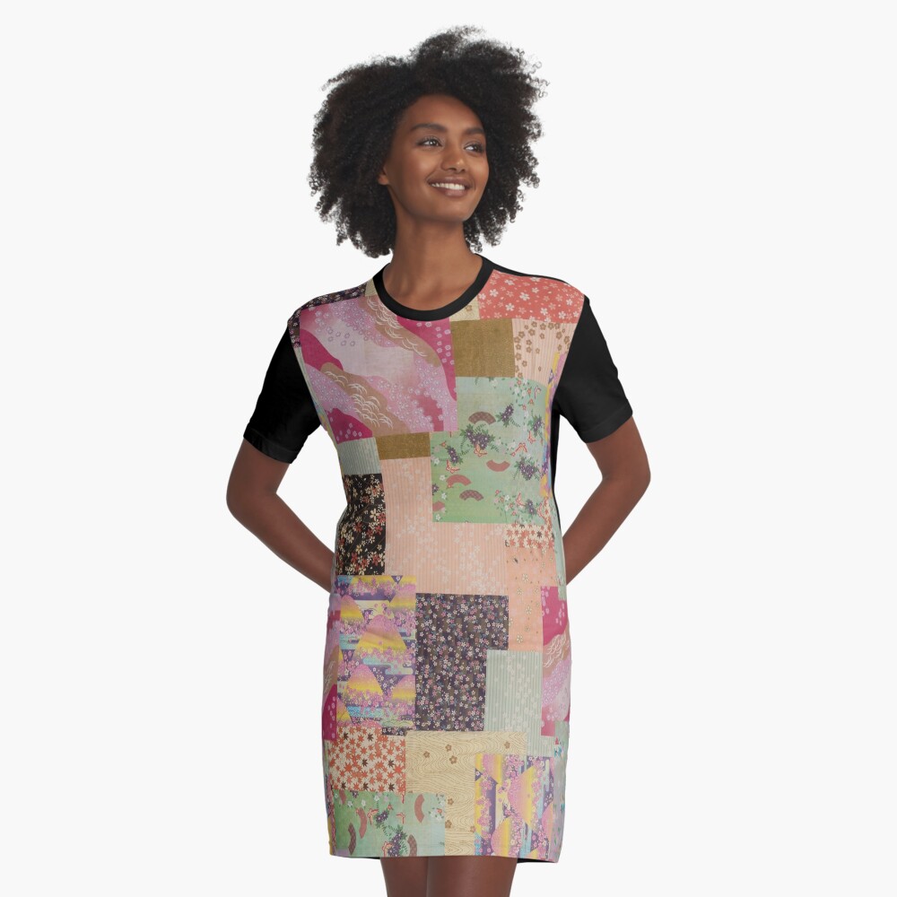 Quilted Origami Collage Graphic T-Shirt Dress