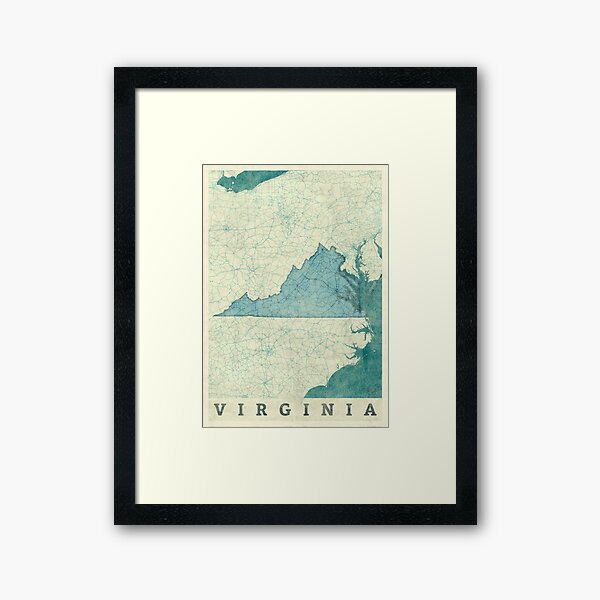 Virginia Map Blue Vintage Framed Art Print