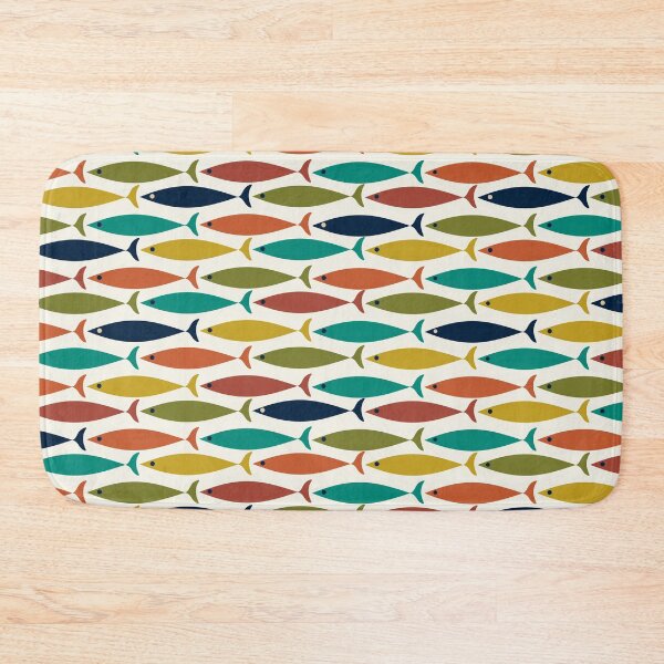 Item preview, Midcentury Modern Multicolored Fish Pattern in Mid Mod Turquoise Teal, Olive, Orange, Mustard, Navy, and Nearly White  designed and sold by kierkegaard.