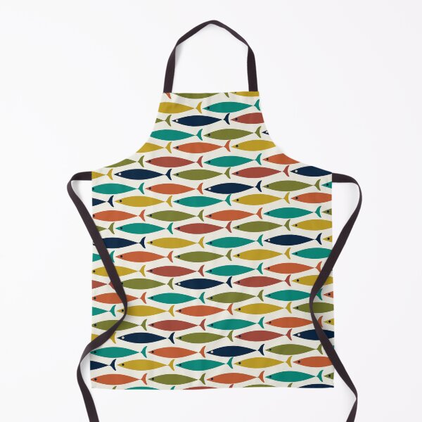 Item preview, Midcentury Modern Multicolored Fish Pattern in Mid Mod Turquoise Teal, Olive, Orange, Mustard, Navy, and Nearly White  designed and sold by kierkegaard.