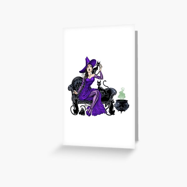 Crazy Cat Witch, in Purple & Black Greeting Card