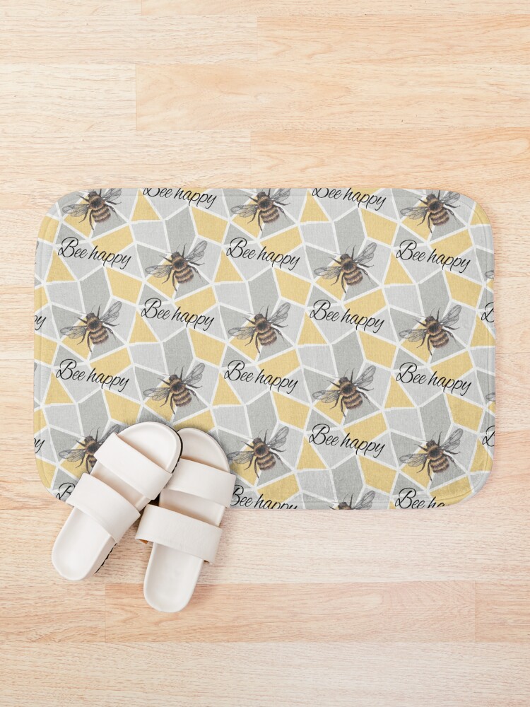 "bumble bee typography geometric bee happy " Bath Mat for Sale by Born