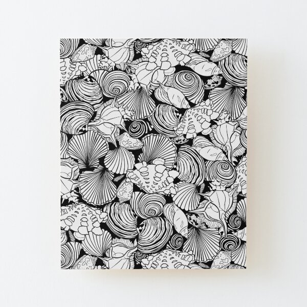 Vector black and white repeat pattern with variety of overlaping seashells. Wood Mounted Print