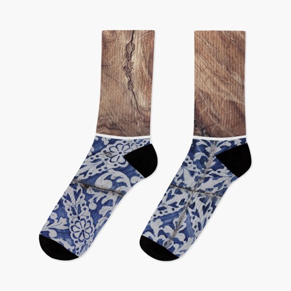 Item preview, Portuguese Tiles Pattern with Rustic Wood Grain - Azulejo Blue and White designed and sold by idovedesign.