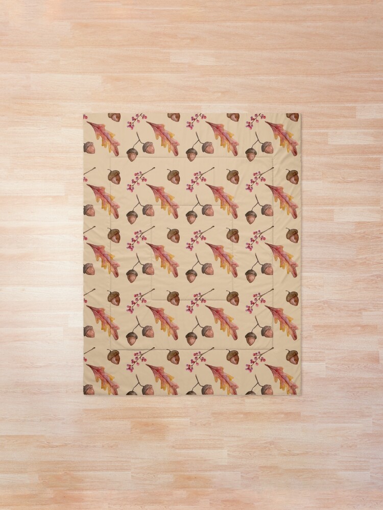 Alternate view of Watercolor Fall pattern with Oak Leaves and Acorns Comforter