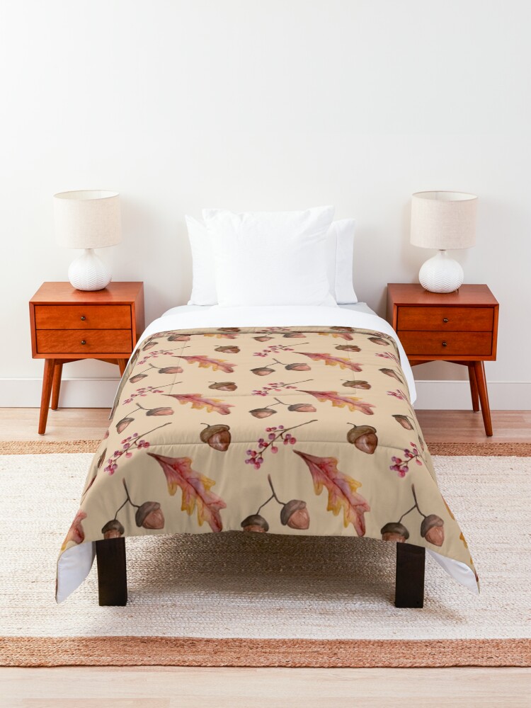 Alternate view of Watercolor Fall pattern with Oak Leaves and Acorns Comforter