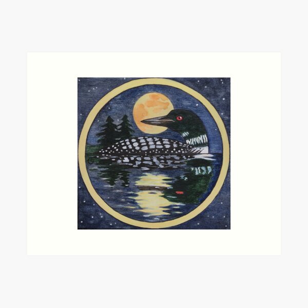 Full Moon Loon Watercolor Art Print
