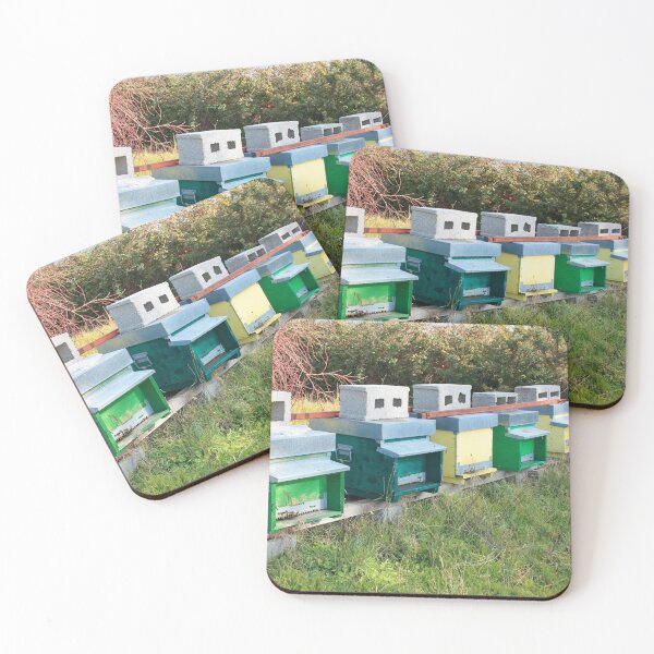 Item preview, beekeeping and hives in a row of colorful bee houses designed and sold by alessiapenny.