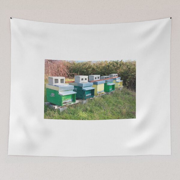 Item preview, beekeeping and hives in a row of colorful bee houses designed and sold by alessiapenny.