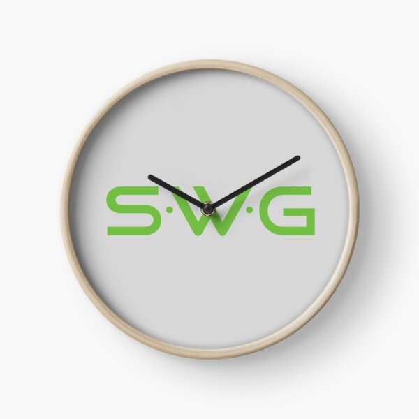 "SWG" (Single White Glove) green logo. Clock