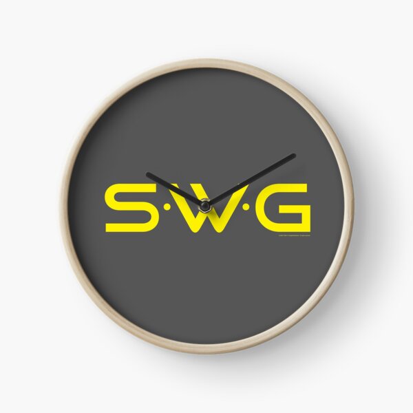 "SWG" (Single White Glove) yellow logo. Clock