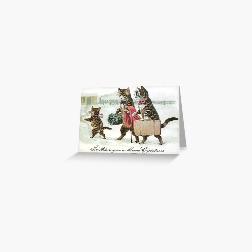 "To Wish You A Merry Christmas" Vintage Christmas Postcard (1907) with Cat Family Heading to Station Greeting Card