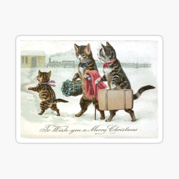 "To Wish You A Merry Christmas" Vintage Christmas Postcard (1907) with Cat Family Heading to Station Sticker