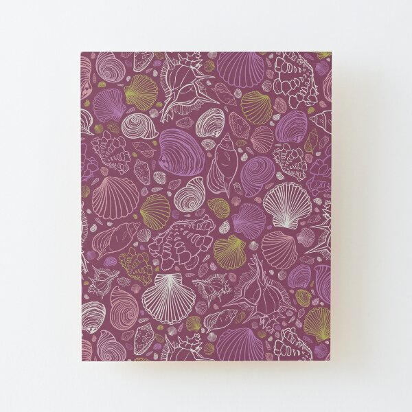 Vector purple repeat pattern with variety of seashell outlines Wood Mounted Print