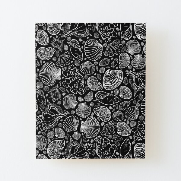 Vector black and white repeat pattern with variety of seashells. Wood Mounted Print