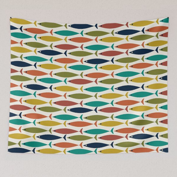 Item preview, Midcentury Modern Multicolored Fish Pattern in Mid Mod Turquoise Teal, Olive, Orange, Mustard, Navy, and Nearly White  designed and sold by kierkegaard.