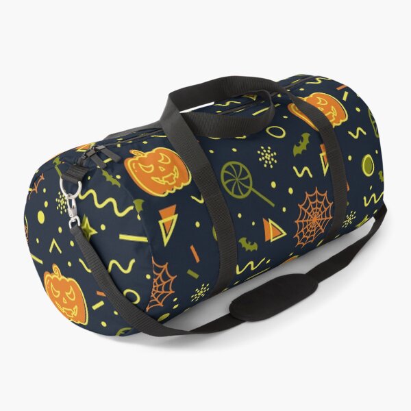 Artikelvorschau, Schwarzes gruseliges Halloween-Muster mit geometrischen Formen u. Halloween-Kürbisgesichtern entworfen und verkauft von JayStacksArt.