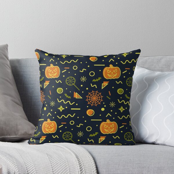 Aperçu de l'œuvre Motif Halloween fantasmagorique noir avec des formes géométriques et des visages de citrouille d'Halloween créée et vendue par JayStacksArt.