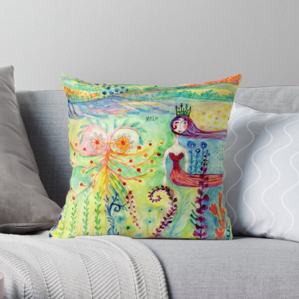 Colorful Mermaid Princess, Flowers Floral Curly Water Abstract Landscape Throw Pillow