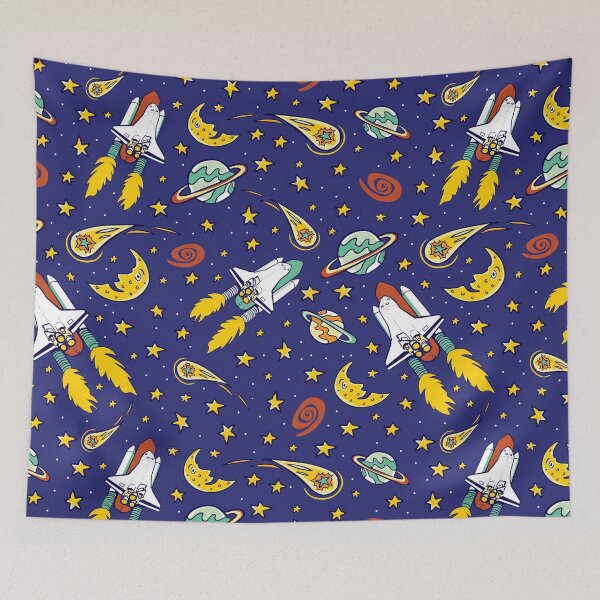 Item preview, Vector blue space shuttle blast off with colorful stars, moon and comet repeat pattern.  designed and sold by jamiesoondesign.