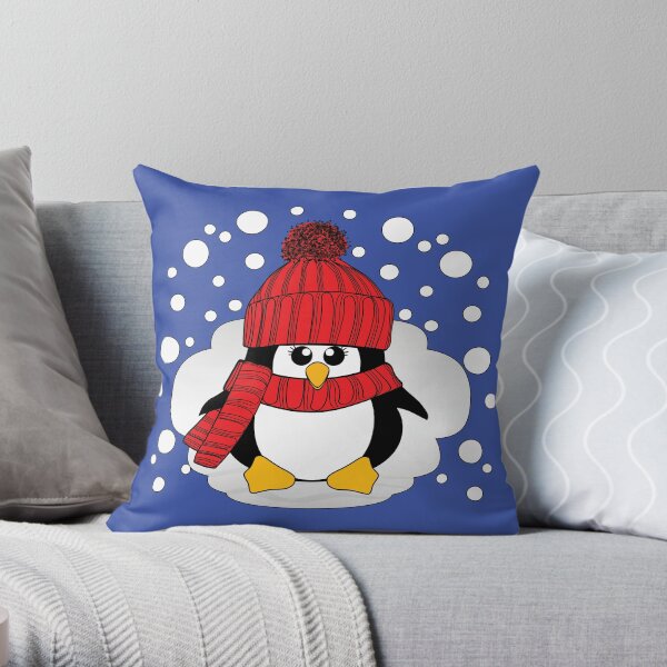 Christmas Penguin with Red Hat and Scarf Throw Pillow