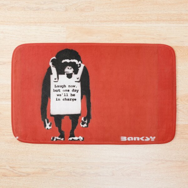 Aperçu de l'œuvre Banksy Monkey Laugh Now Rouge avec signature au pochoir créée et vendue par WE-ARE-BANKSY.