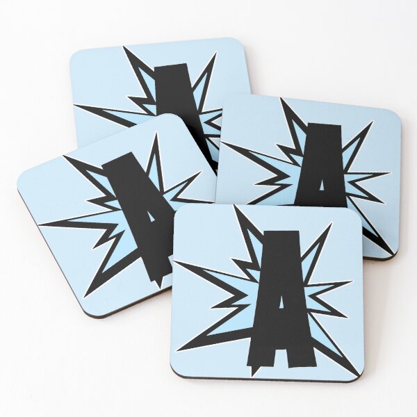 Item preview, Alphabet A letter in light blue as comic hero cartoon monogram initials designed and sold by MadandMean.
