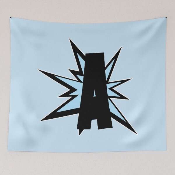 Item preview, Alphabet A letter in light blue as comic hero cartoon monogram initials designed and sold by MadandMean.