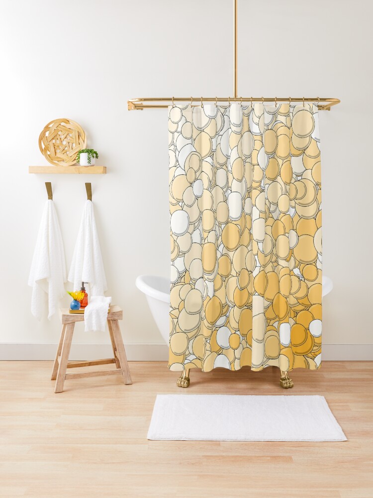 Shower Curtain, Orange and White Bubbles designed and sold by MathenaArt