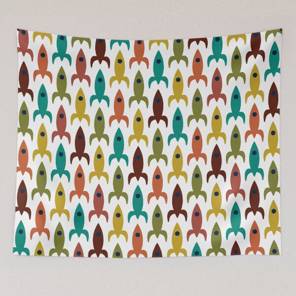 Item preview, Space Age Rocket Ships - Colorful Mid-Century Modern Atomic Age Aerospace Pattern in Teal, Olive, Mustard, Orange, and White designed and sold by kierkegaard.