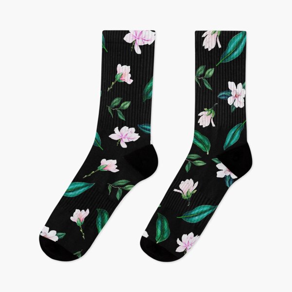 Item preview, Pastel pink magnolia flowers design on black background. designed and sold by KamTamDesigns11.