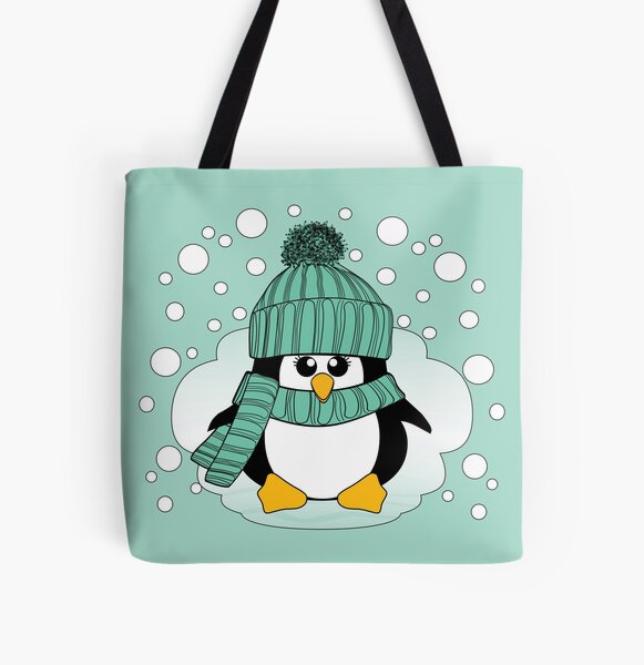 Christmas Penguin with Peppermint Hat and Scarf All Over Print Tote Bag