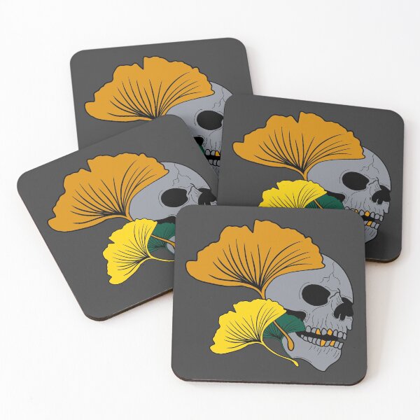 Item preview, Gray skull with gold teeth and Ginkgo biloba in autumn designed and sold by BV-creas.