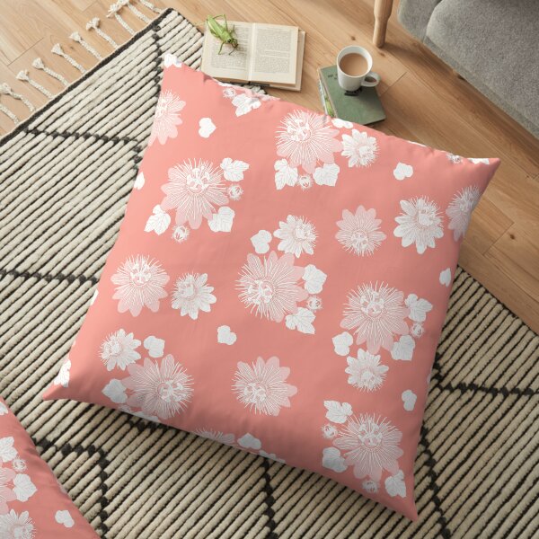Vector coral pink seamless pattern with leaves and wild flower. Floor Pillow