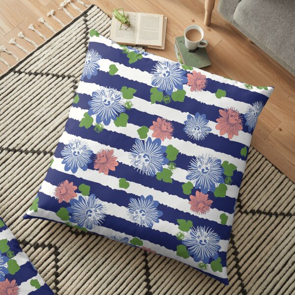 Vector indigo blue stripes seamless pattern with leaves and wild flower with stripes. Floor Pillow