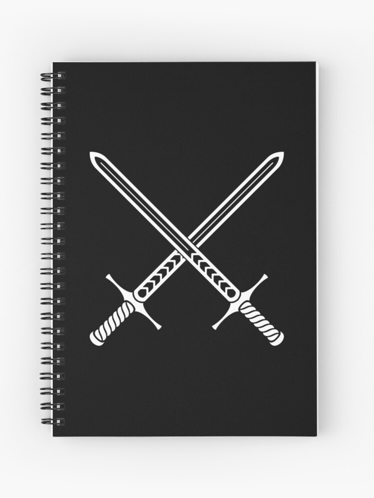 Cuaderno de espiral for Sale con la obra «Diseño de tatuaje de espadas cruzadas - Blanco sobre negro» de Jenny Zhang