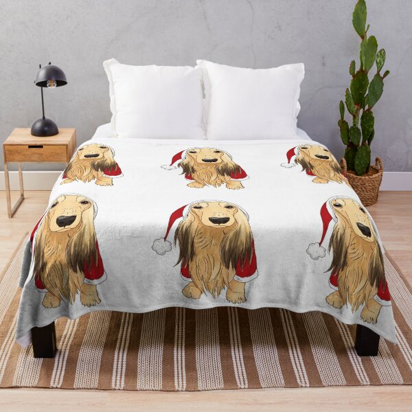 Christmas Dachshund- Cream longhair Throw Blanket