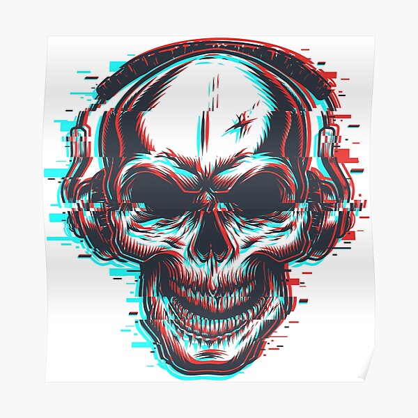 3D Skull With Headphones | Red Blue 3D Effect 