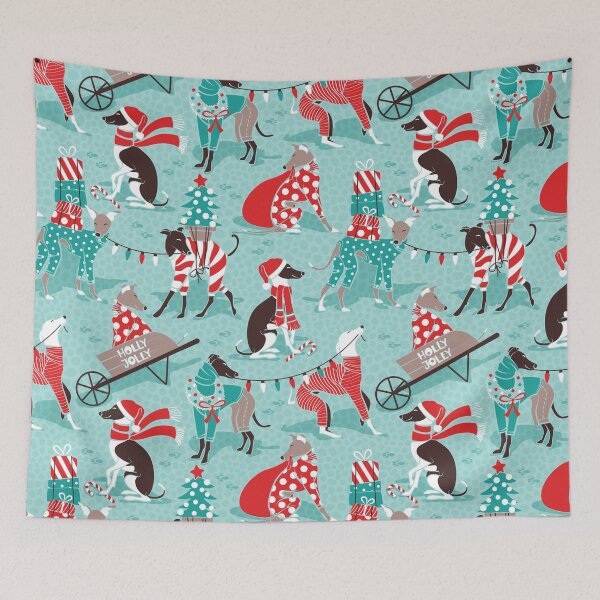 Item preview, Greyhounds Christmas dogwalk // aqua background designed and sold by SelmaCardoso.