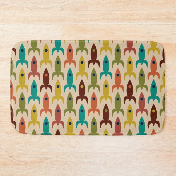 Item preview, Mid-Century Modern Rocket Ships - Colorful Space Age Atomic Era Aerospace Pattern in Teal, Olive, Mustard, Orange, and Beige designed and sold by kierkegaard.