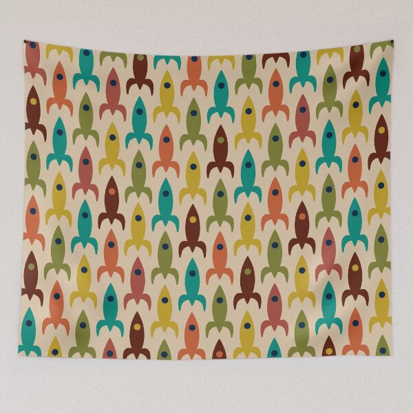 Item preview, Mid-Century Modern Rocket Ships - Colorful Space Age Atomic Era Aerospace Pattern in Teal, Olive, Mustard, Orange, and Beige designed and sold by kierkegaard.