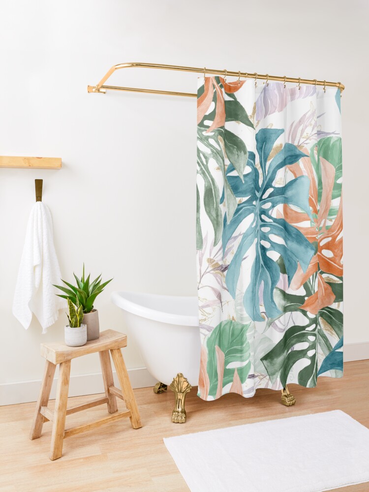 "Hawaiian Jungle V Tropical Foliage, Teal and Rust" Shower Curtain for
