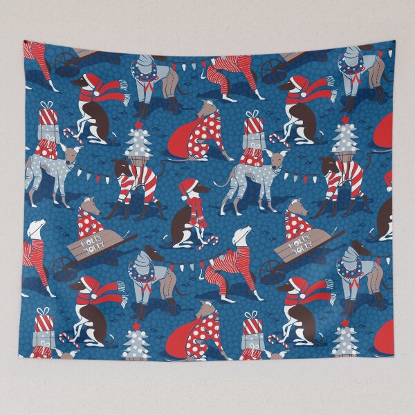 Item preview, Greyhounds Christmas dogwalk // blue background designed and sold by SelmaCardoso.