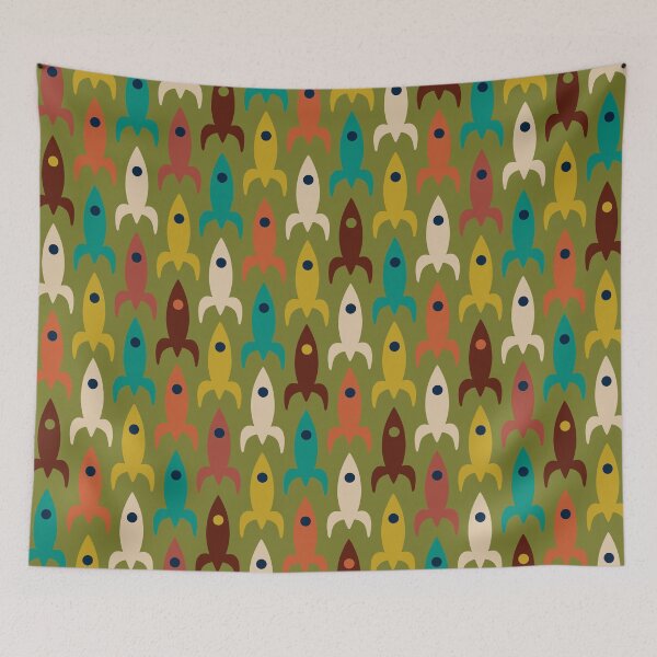 Item preview, Mid-Century Modern Rocket Ships - Colorful Space Age Atomic Era Aerospace Pattern in Teal, Mustard, Orange, and Olive designed and sold by kierkegaard.